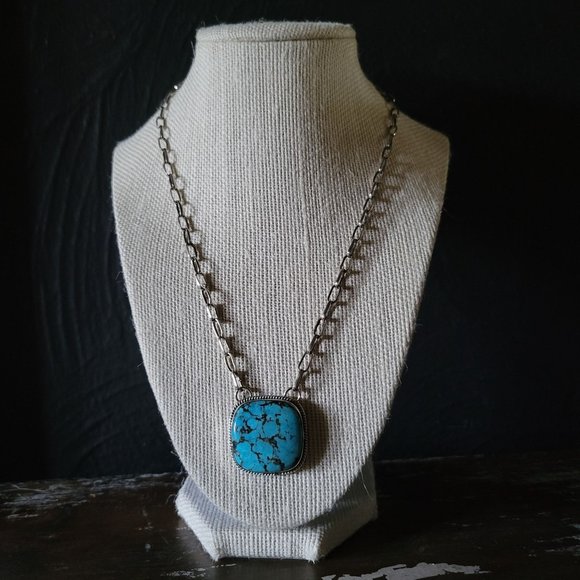 Sterling Silver and Turquoise Necklace, Square Turquoise on Cable Link Chain